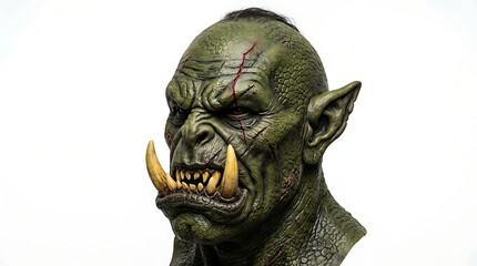 Fototapeta premium Green monster head with fangs and scars on isolated white background