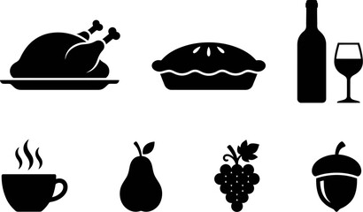 Autumn harvest food and drink icons with turkey pie wine coffee acorn pear and grapes, thanksgiving © Deep