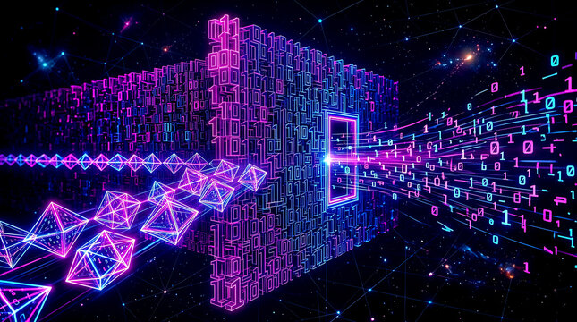 Geometric cube with binary code and doorway vibrant vector illustration