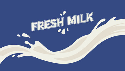 Fresh milk advertisement poster featuring a large white milk splash wave against a dark blue background with clean text.