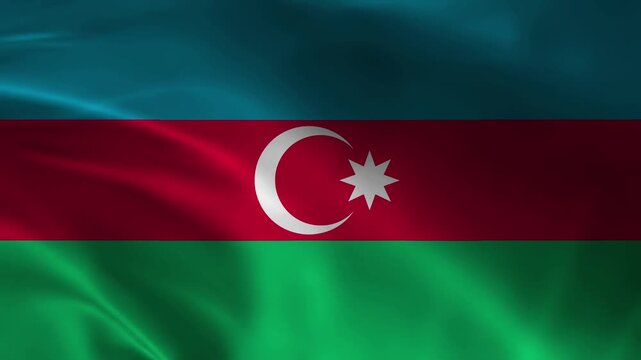 Azerbaijan National Flag Waving in Wind, Realistic Azerbaijani Flag Animation with Crescent and Eight Pointed Star in 4K