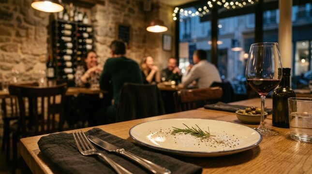Several people sit at a wooden table in a dimly lit restaurant. A plate with rosemary and olives sits on the table, alongside silverware and a glass of red wine.