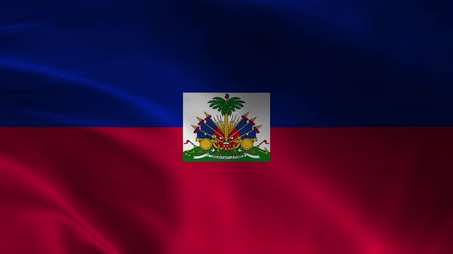 Haiti National Flag Waving in Wind, Realistic Haitian Flag Animation with Coat of Arms on Silk Fabric in 4K