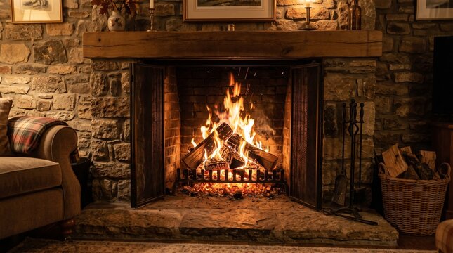 Cozy Rustic Stone Fireplace with Burning Fire &ndash; Warm Cabin Interior and Home Comfort