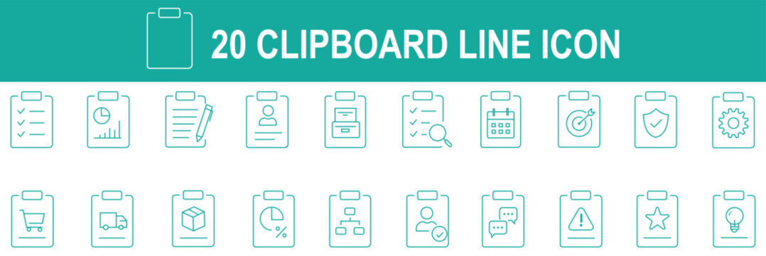 Clipboard, checklist, report, survey or agreement editable stroke outline icons set isolated on white background flat vector illustration.