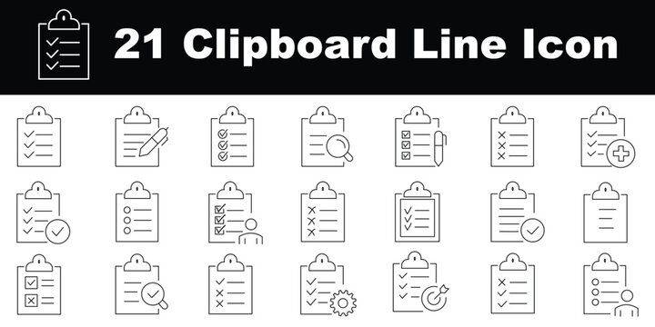 Clipboard, checklist, report, survey or agreement editable stroke outline icons set isolated on white background flat vector illustration.