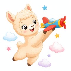 Fototapeta premium Cute cartoon alpaca character flying a small red toy airplane through soft clouds. This dream illustration is suitable for children toys, nursery decor, and baby shower cards.