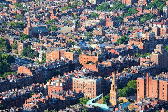 First Church in Boston, Unitarian Universalist Church (in foreground) - cityscape of Boston Back Bay.