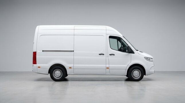 A white Mercedes-Benz Sprinter van stands on a light gray floor against a white wall. The van is a commercial vehicle, likely used for delivery or transportation.