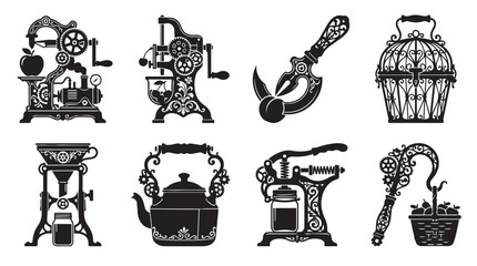 Collection of vintage kitchen appliances and utensils, including mechanical apple peelers, antique tea kettles, manual food grinders, and ornate handheld tools in a black and white silhouette style © Vector Vault