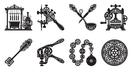 Collection of vintage mechanical devices and scientific instruments, including a printing press, ornate ladles, gear mechanisms, a handheld press, and a circular decorative clockwork dial in © Vector Vault