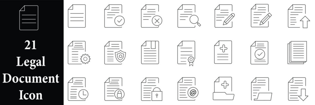 Document set of web icons in line style. Documents linear icon collection. Containing contract papers, folder, certificate, accept, approved, clipboard, invoice, archive and more. Editable