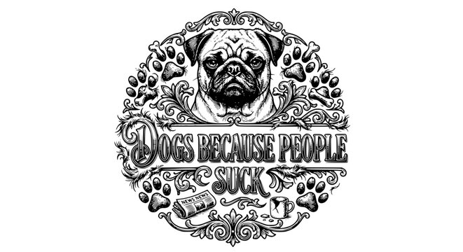 dogs because people suck, pug illustration, funny dog quote, sarcastic dog art, pug portrait, dog lover gift, black and white pug, humorous pet art, hand drawn outline engraving vector illustration de