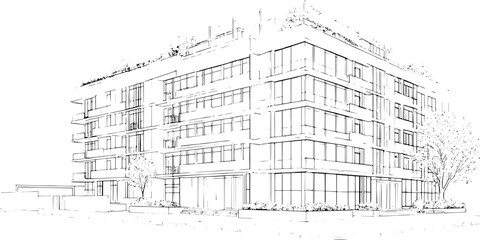 Obraz premium Hand Drawn Architectural Building and House Sketch with Blueprint Design Construction Plan Urban Facade Illustration and Residential Architecture Concept