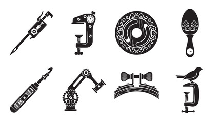 Set of eight black silhouette featuring industrial tools, mechanical parts, a circular gear mechanism, a handheld mirror, a robotic arm, and a small bird perched on a metal c-clamp © Vector Vault