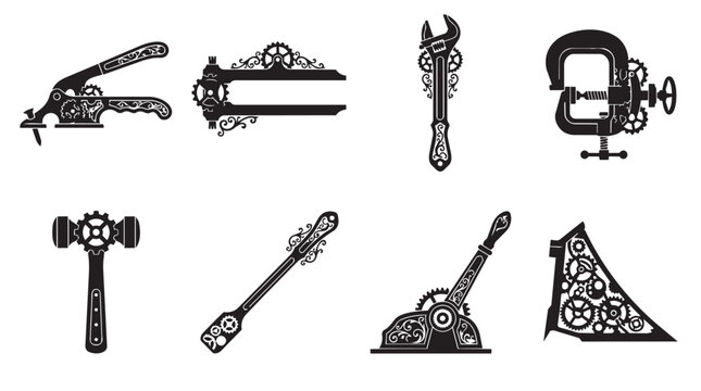 Set of eight black and white silhouette featuring steampunk style tools, mechanical gears, cogs, industrial hardware, and ornate vintage machinery components on a plain white background