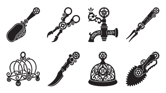 Set of eight black silhouette featuring kitchen utensils and dining decorated with mechanical steampunk gears, including a scoop, tongs, faucet, fork, cart, knife, cloche, and spatula