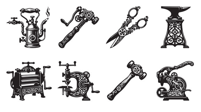 Set of vintage industrial tools and machinery including a blowtorch, hand drill, ornate scissors, blacksmith anvil, wringer washing machine, drill press, hammer, and mechanical gear press