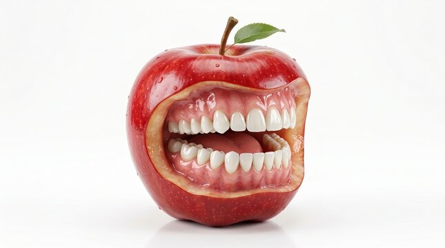 Funny Red Apple with Human Teeth Dental Health Concept