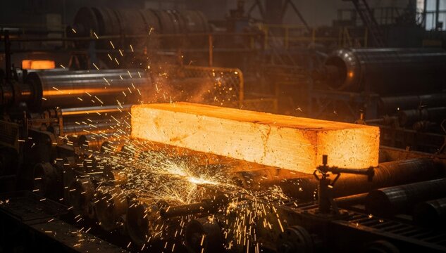 Fiery billet shines brightly while moving along the conveyor heavy sparks erupt sharply in foreground juxtaposed with blurred inactive factory elements behind.