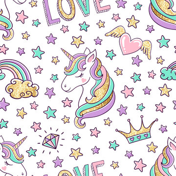 Seamless fairytale pattern with gold glitter unicorn, stars, heart, rainbow, crown and Love typography. Magic cartoon background