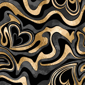 Vector seamless pattern with gold, watercolor waves and hearts. Metallic geometric liquid texture black on background