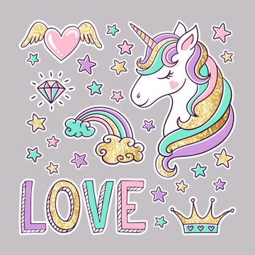 Fairytale gold glitter set with unicorn, stars, heart, rainbow, crown and Love typography. Magic sparkle patches and stickers