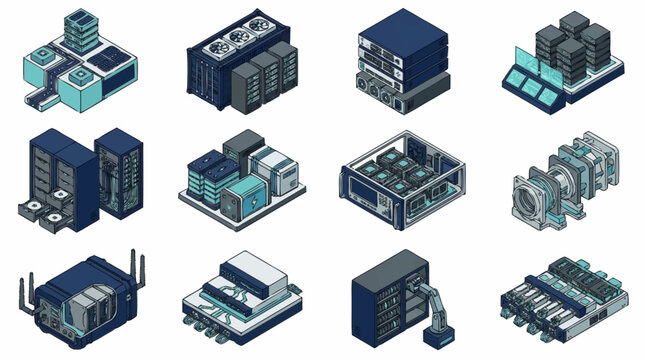 Isometric Data Center Servers and Networking Equipment.