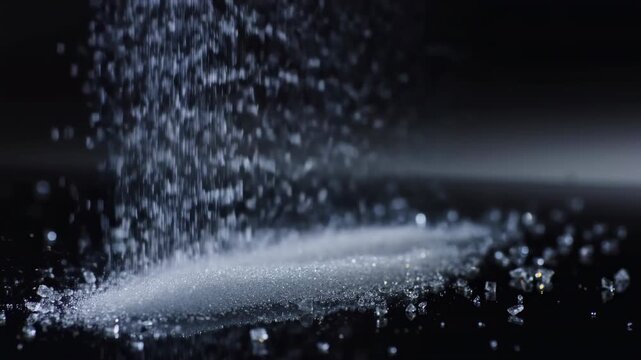 Crystalline granules falling into bright powdery mound on glossy black surface, glowing under cool rim light with scattered sparkles and soft reflections across dark studio scene