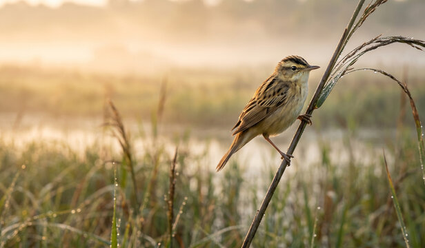 Aquatic Warbler Singing at Sunrise in European Fen Wetland