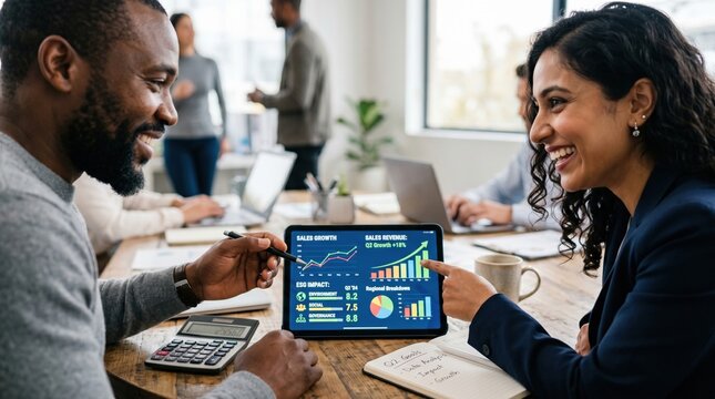 Smiling colleagues review sales growth and revenue charts on tablet during collaborative office meeting, discussing data, strategy, and ESG impact with notebooks and coffee nearby