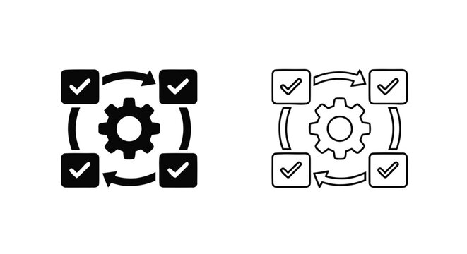Vector illustration of workflow process icon with gear, checkmarks, and circular arrows on a transparent background