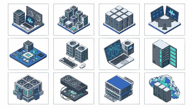 Isometric Data Center and Server Room Technology Icons.