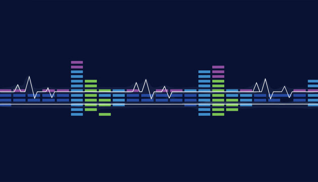 Abstract digital audio spectrum frequency bars and a glowing white wave line on a solid dark blue background design.
