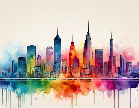 a vibrant watercolor city skyline designed for a clean backdrop