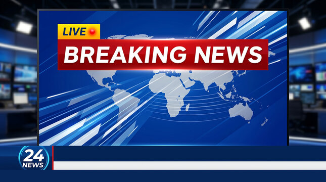 Live Breaking News Broadcast Studio Background With World Map And 24 News Branding