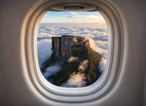 Airplane window with a view of the wing, clouds in the background, and a tepui or mountain. Beautiful sunset, sky on the top view, airplane flying view from inside window aircraft of Traveling.