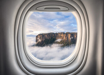 Naklejka premium Airplane window with a view of the wing, clouds in the background, and a tepui or mountain. Beautiful sunset, sky on the top view, airplane flying view from inside window aircraft of Traveling.