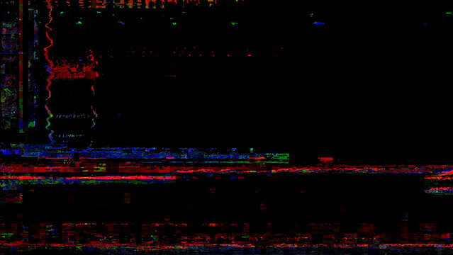 RGB glitch overlay with distorted screen signal, digital interference and noisy scan line texture on black background for cyber design, video editing, futuristic posters or tech compositions.