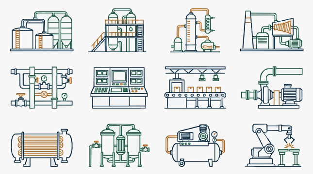 Elegant Collection of Industrial Equipment and Machinery Illustrated with Green and Orange Line Art