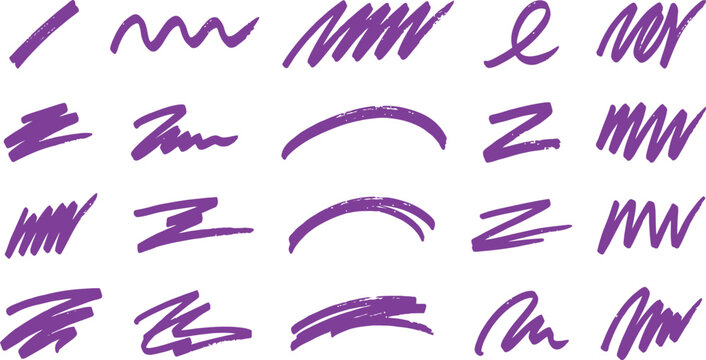 Collection of purple brushstroke doodles and scribbles on a white background