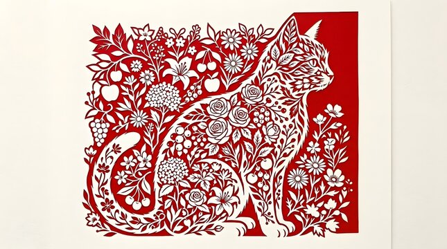 Square Red Feline Rose Stencil Description: Contemporary square format print featuring a graceful cat silhouette completely filled with blooming white roses and lush foliage.