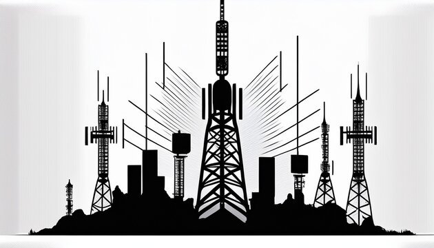 black silhouette of antenna isolated on white background representing communication broadcasting signal transmission concepts telecom branding technology visuals network infrastructure themes