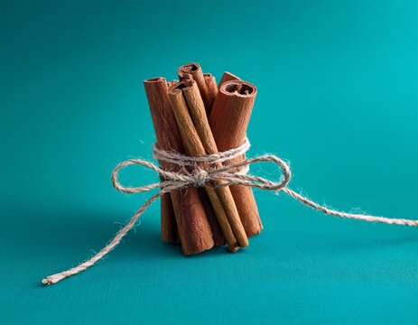 close up cinnamon sticks tied with string on turquoise background in clean minimal composition perfect for spice branding culinary advertising food packaging modern lifestyle visuals