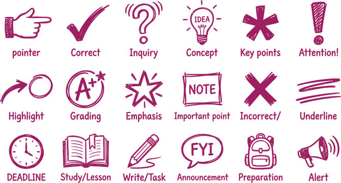 Collection of colorful flat icons representing concepts like correction inquiry and important notes