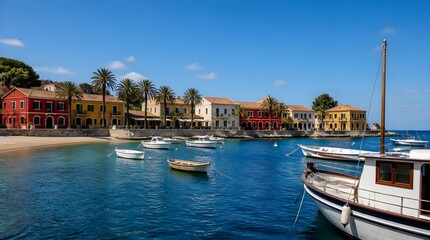 Fototapeta premium Serene coastal scene with boats and buildings, Panoramic landscape photograph