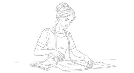 Obraz premium Line Art Illustration of a Professional Seamstress Measuring Fabric