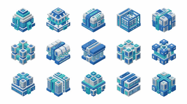 Isometric Pixel Art Cubes in Blue and Cyan Tones.