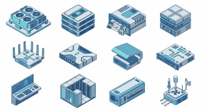 Isometric Data Center Server Racks and Network Equipment.