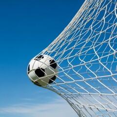 Naklejka premium Soccer Ball Striking the Net of a Goal Post Against a Clear Blue Sky Background - Created with Generative AI